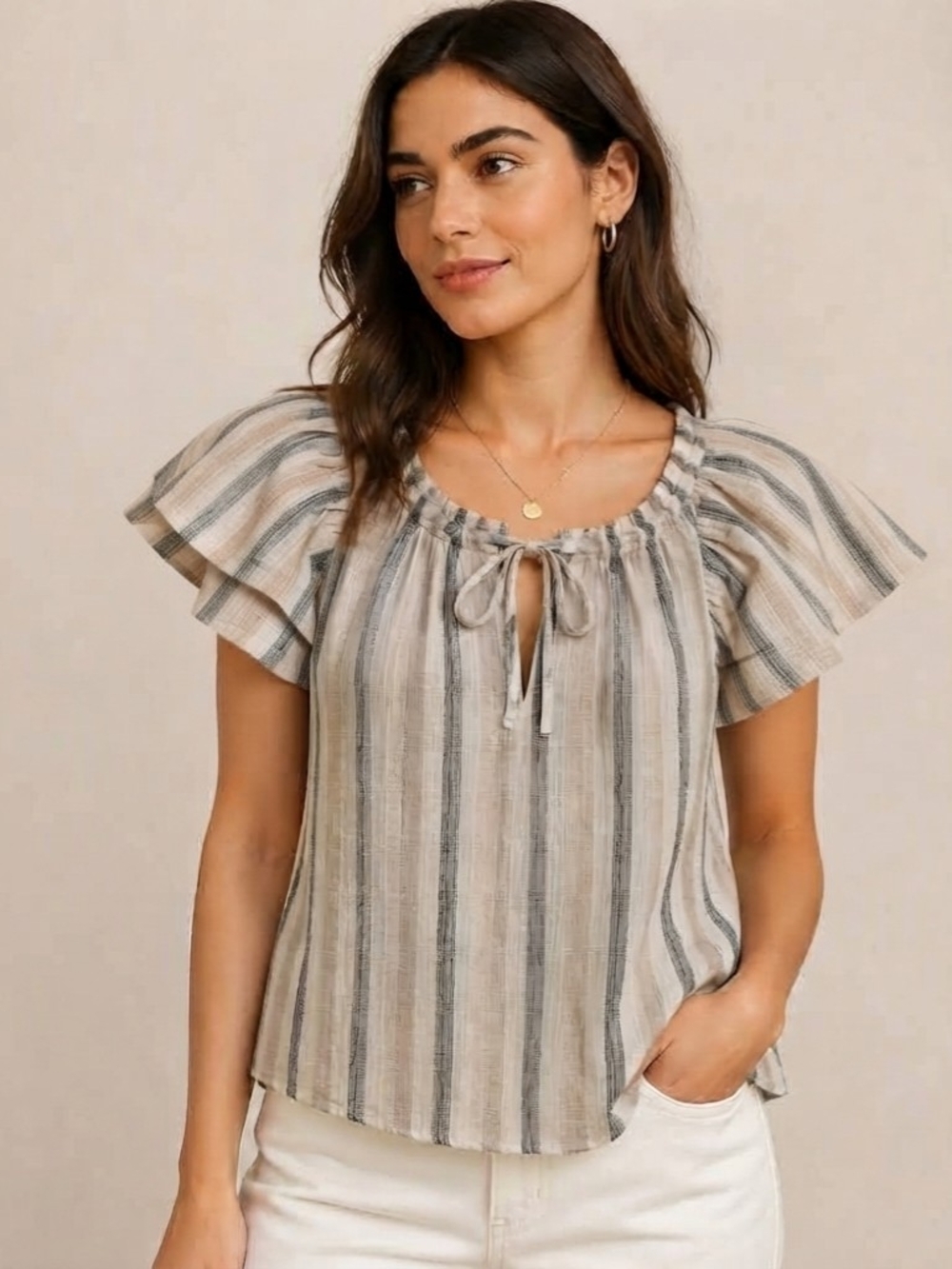 BNWT Striped Linen Blend Tie-Neck Flutter Sleeve Top S Boho Vacation Resortwear
